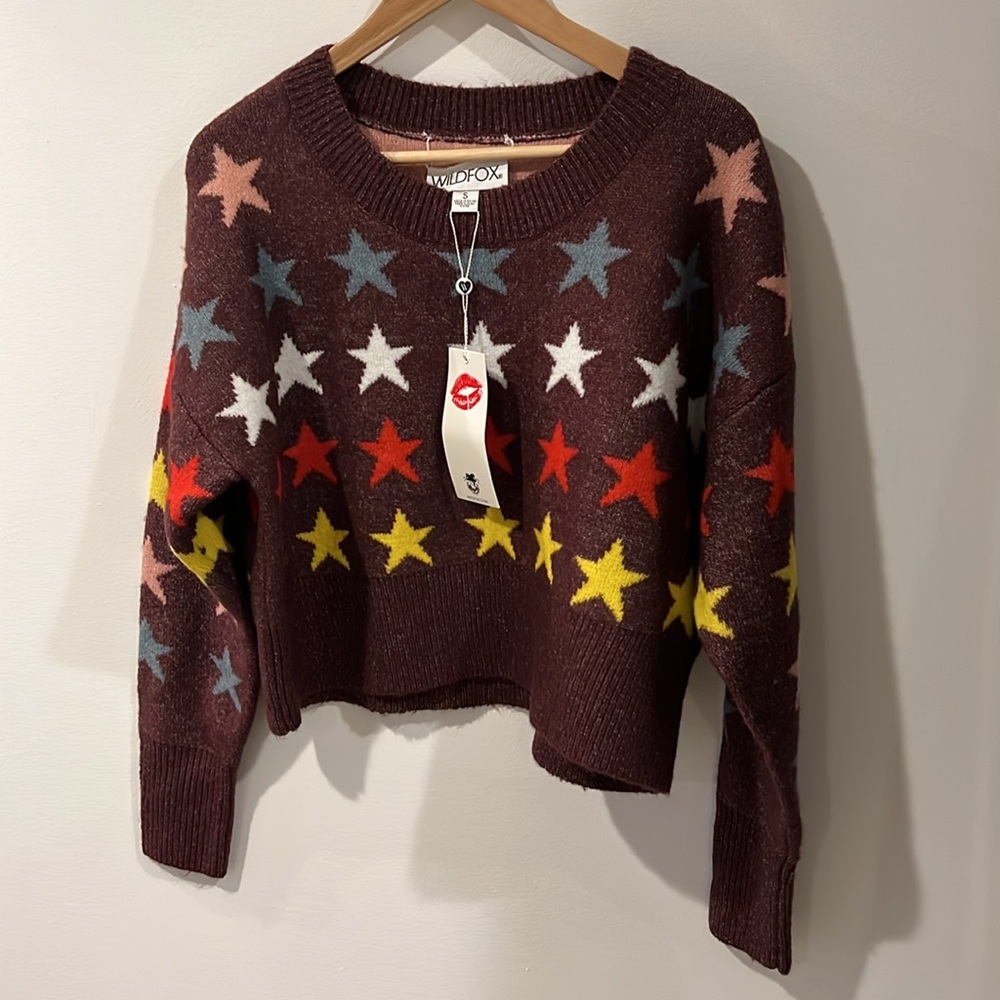 WILDFOX  Couture Rainbow Star Elektra Knit Sweater Crushed Berry size small NWT - Picture 3 of 9